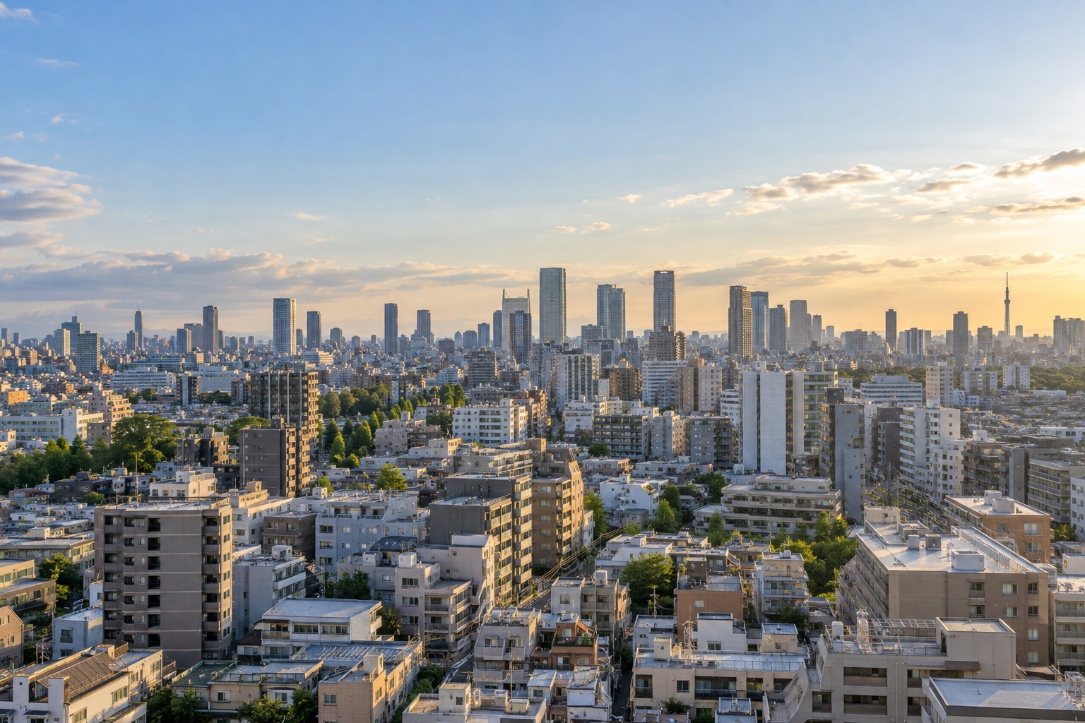 広い視点から見渡す日本の都市の街並みイメージ